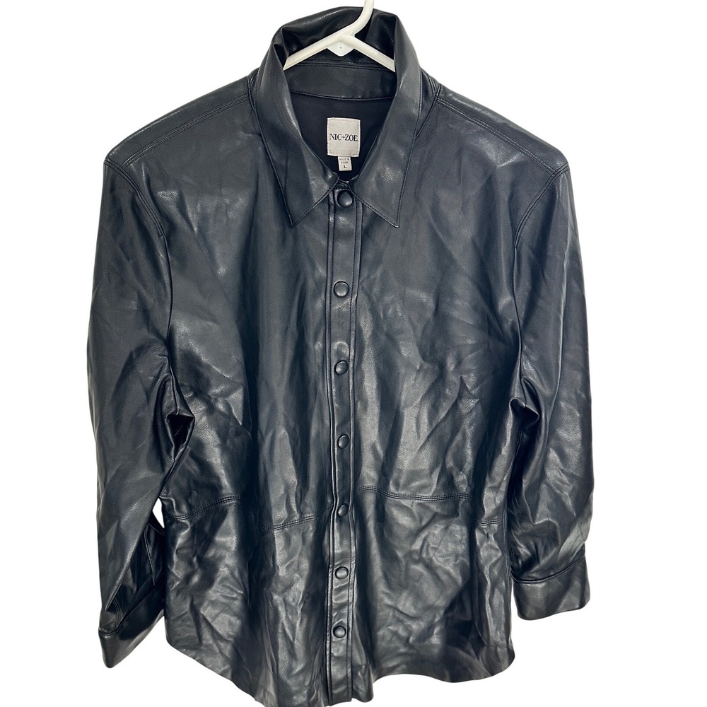 NIC+ZOE Black Faux Leather‎ Button Down Shirt Jacket Womens L